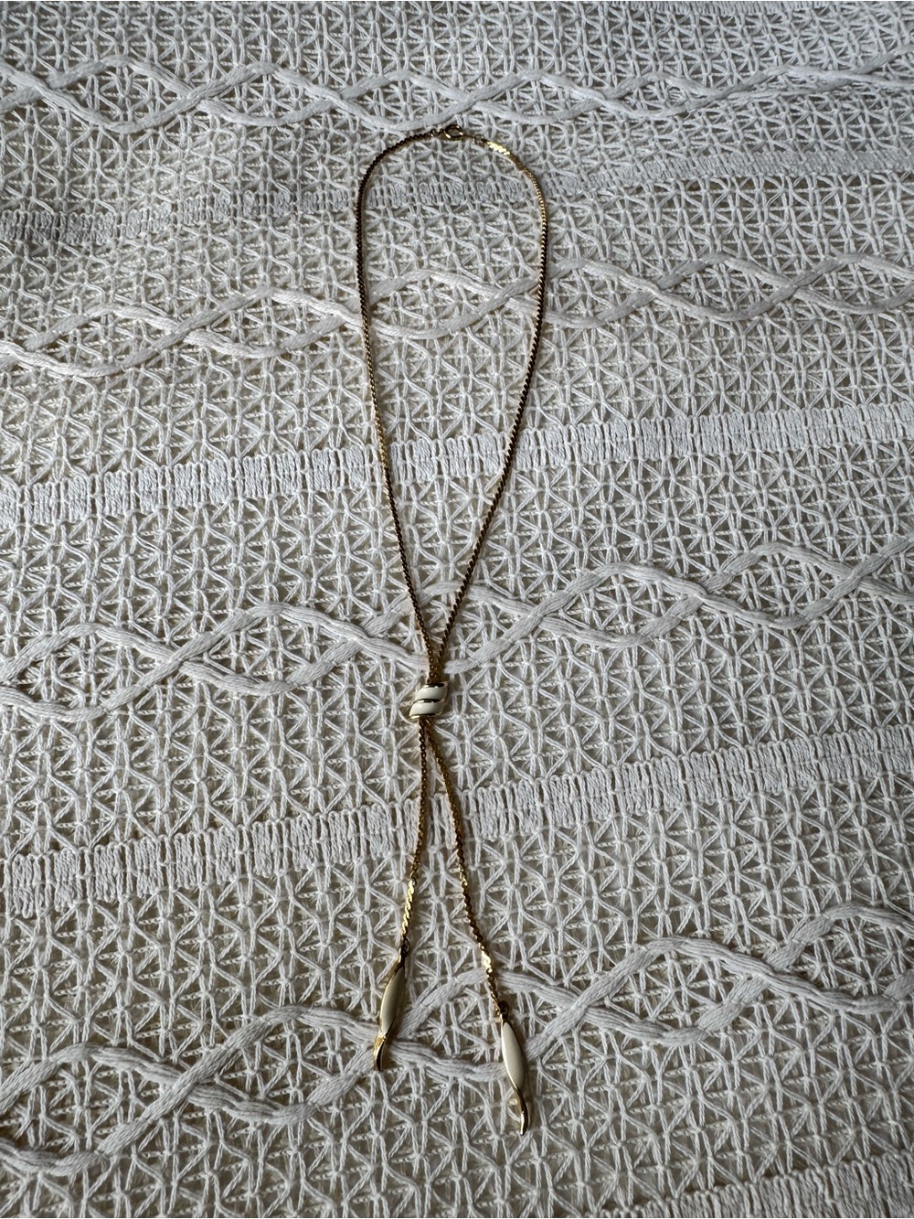 Vintage Gold Lariat Necklace with Cream Enamel Accents